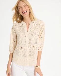 Cotton Geo Eyelet 3/4 Sleeve Blouse
