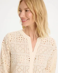 Cotton Geo Eyelet 3/4 Sleeve Blouse