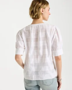 Cotton Plaid Elbow-Sleeve Shirt