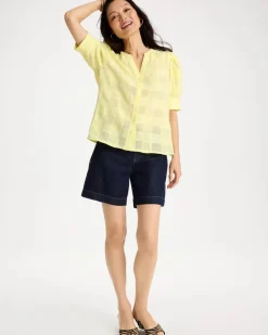 Cotton Plaid Elbow-Sleeve Shirt