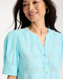 Cotton Plaid Elbow-Sleeve Shirt