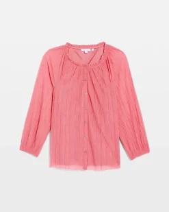 Crinkle Mesh Ruffle Neck Top