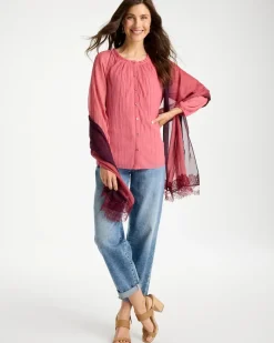 Crinkle Mesh Ruffle Neck Top