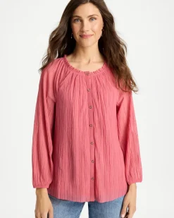 Crinkle Mesh Ruffle Neck Top
