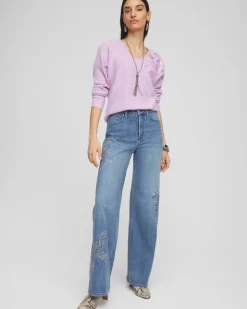 Embellished High Rise Wide Leg Jeans