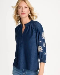 Embroidered Denim Henley Tee
