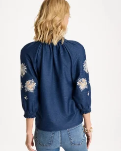 Embroidered Denim Henley Tee