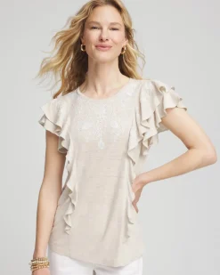 Embroidered Flutter-Sleeve Tee