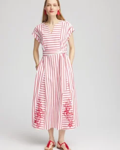 Embroidered Godet Striped Maxi Dress