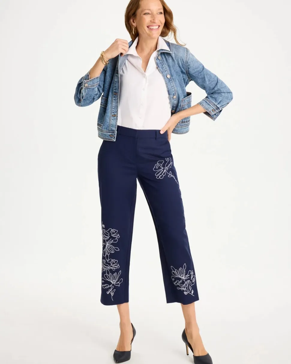Embroidered Linen Fly Front Pants