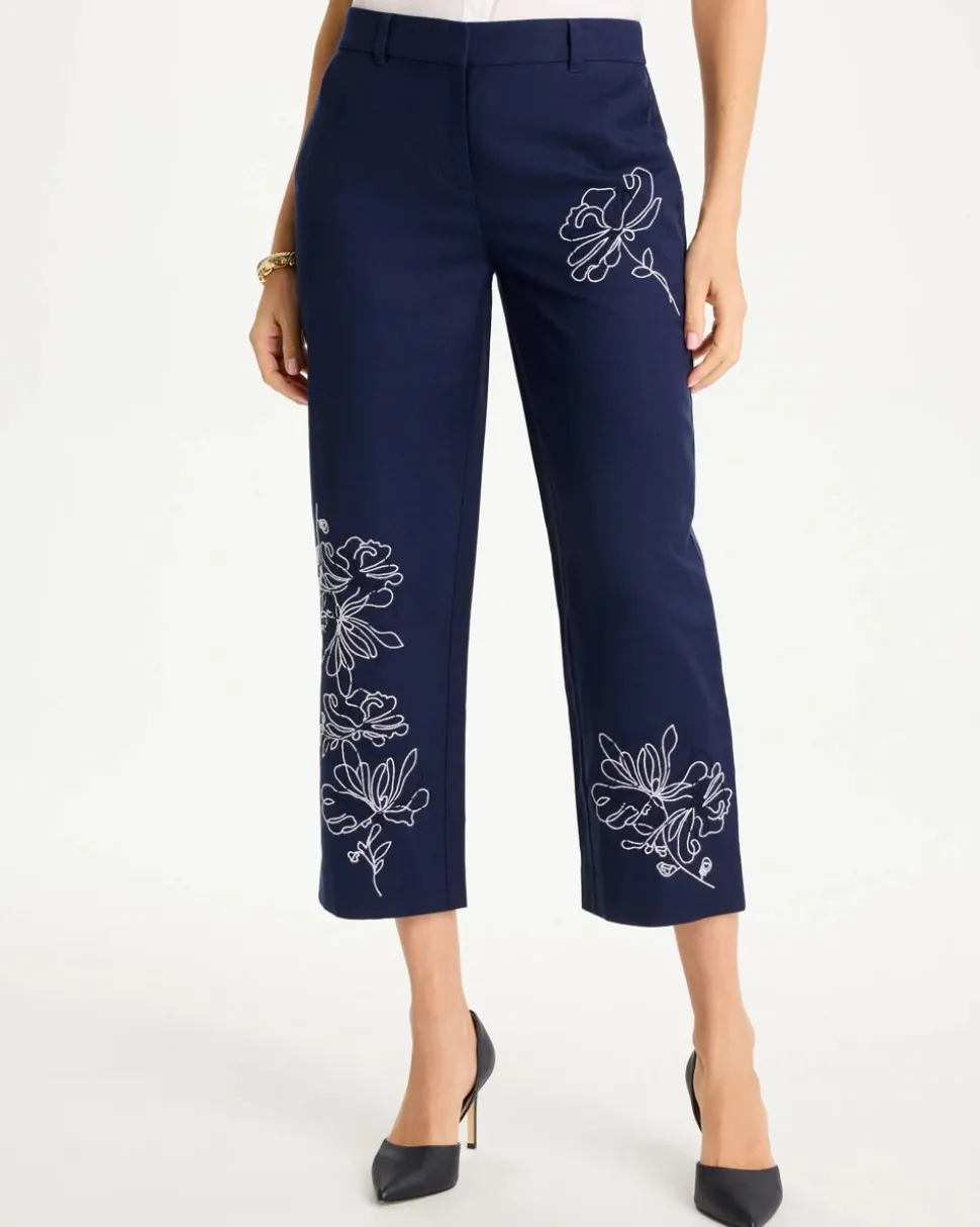 Embroidered Linen Fly Front Pants