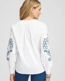 Embroidered Poplin Splitneck Shirt