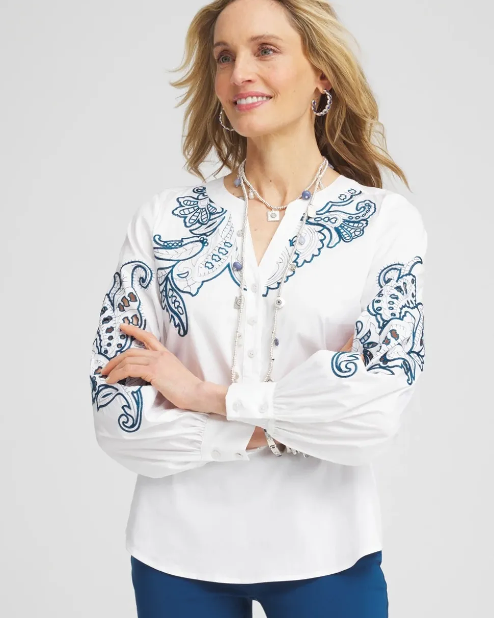 Embroidered Poplin Splitneck Shirt