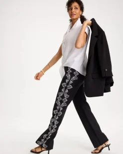 Embroidered Pull-On Wide-Leg Linen Pants