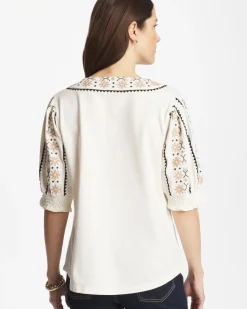 Embroidered Smocked-Sleeve Tee