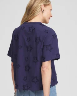 Embroidered Star Split Neck Blouse