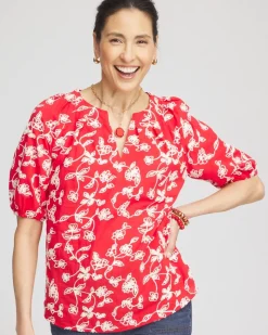 Floral Embroidered Cotton Peasant Blouse