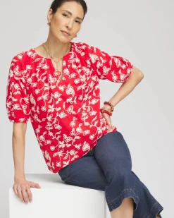 Floral Embroidered Cotton Peasant Blouse