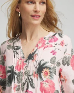 Floral Linen Pintuck 3/4 Sleeved Dress