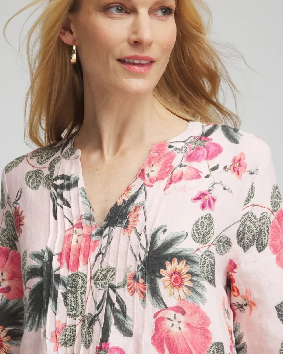 Floral Linen Pintuck 3/4 Sleeved Dress