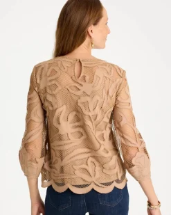 Floral-Motif Mesh 3/4 Sleeve Top