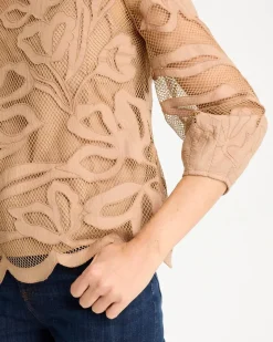 Floral-Motif Mesh 3/4 Sleeve Top