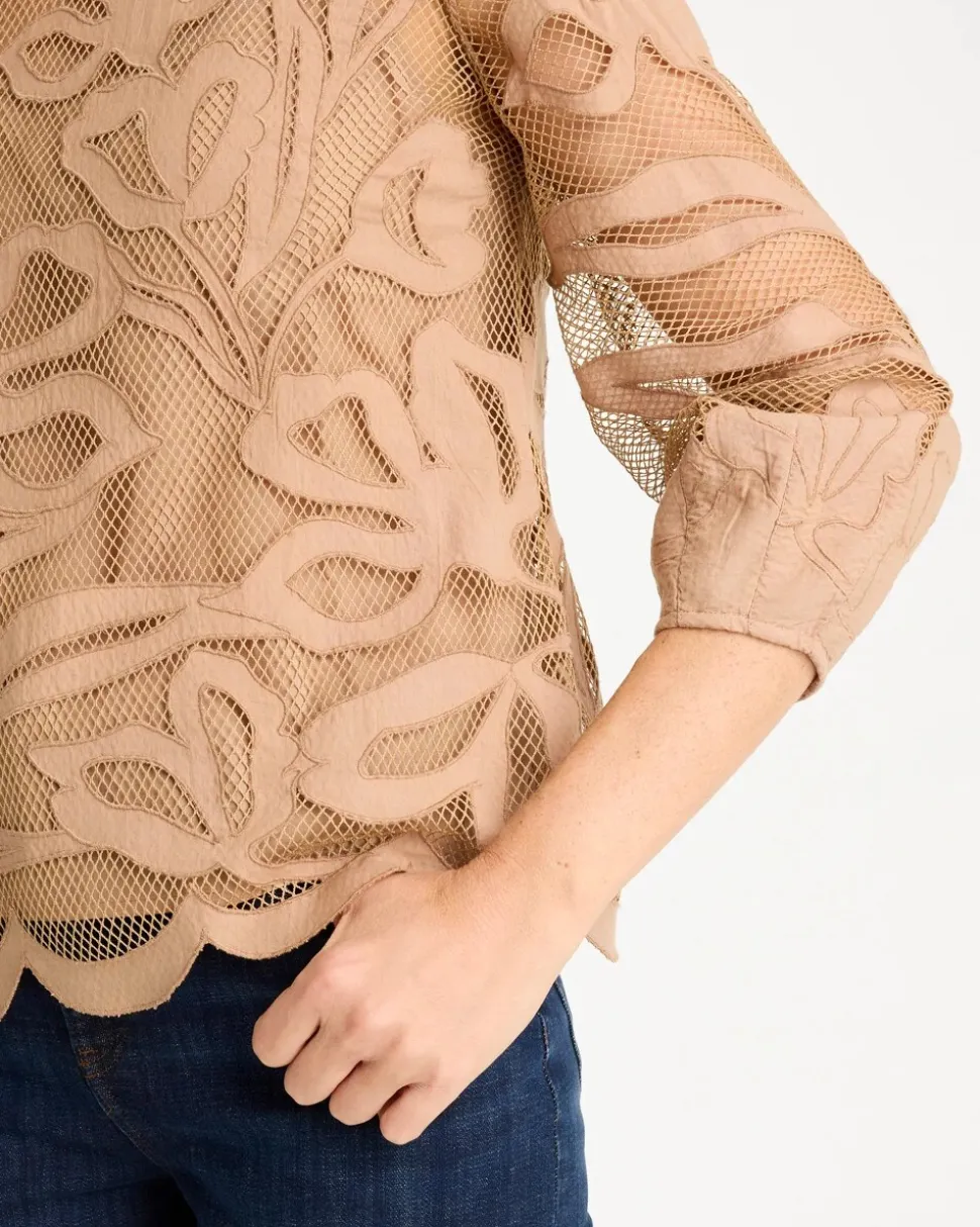 Floral-Motif Mesh 3/4 Sleeve Top