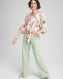 Floral Satin Tie-Front Pullover Top
