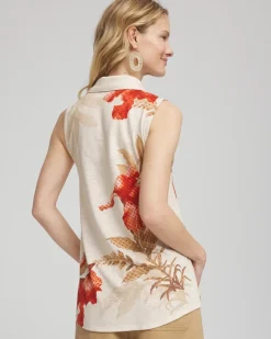 Floral Slub Sleeveless Collared Tunic