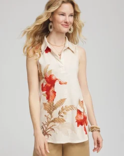 Floral Slub Sleeveless Collared Tunic