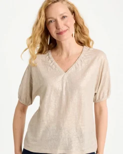 Fog Foiled Linen Ruched V-Neck Tee