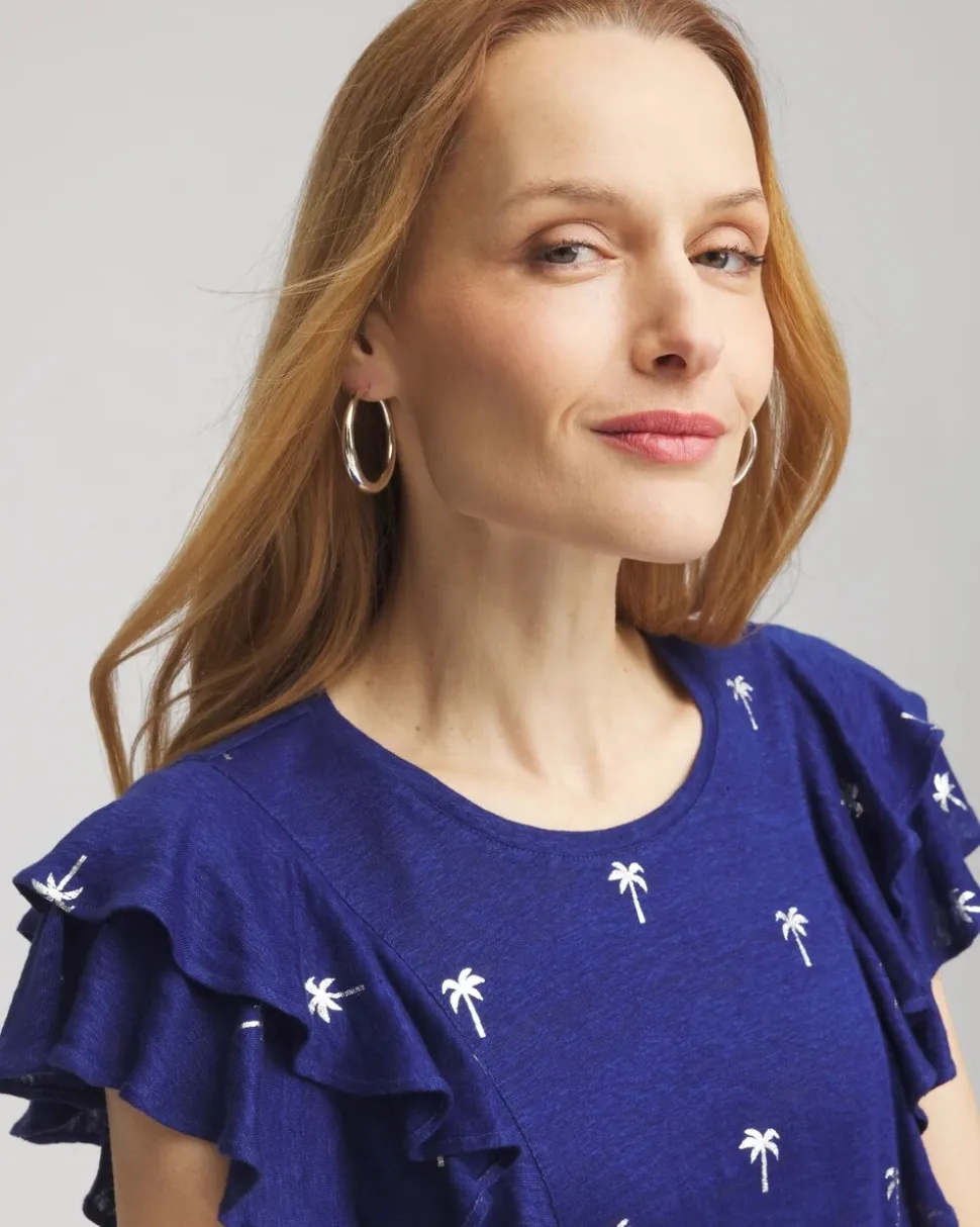 Foiled Flutter-Sleeve Linen Tee
