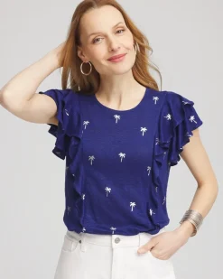 Foiled Flutter-Sleeve Linen Tee