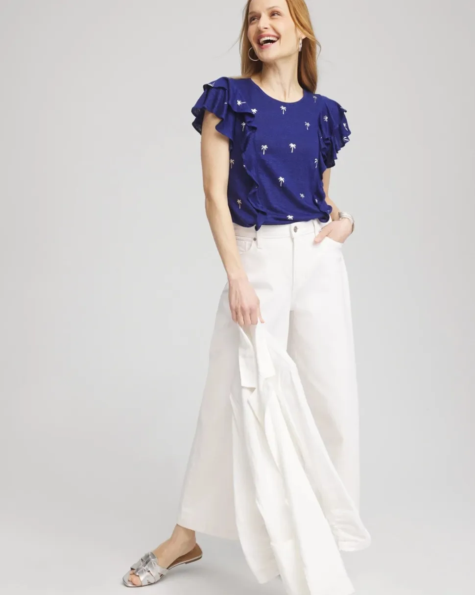 Foiled Flutter-Sleeve Linen Tee