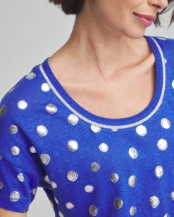Foiled Polka-Dot Sweater-Trim Linen Tee