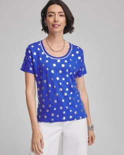 Foiled Polka-Dot Sweater-Trim Linen Tee
