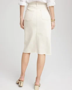 Frayed High-Rise Midi Stretch Denim Skirt