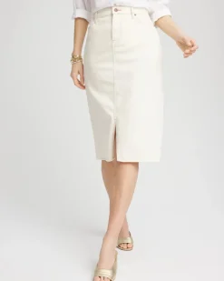 Frayed High-Rise Midi Stretch Denim Skirt