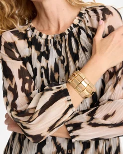 Ikat Animal Crinkle Mesh Ruffle Neck Top