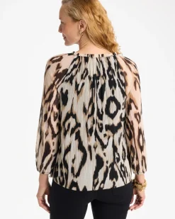 Ikat Animal Crinkle Mesh Ruffle Neck Top