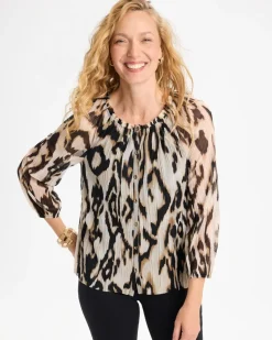 Ikat Animal Crinkle Mesh Ruffle Neck Top