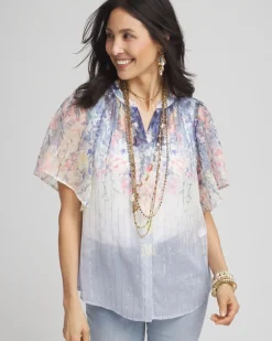 Jacquard Flutter-Sleeve Blouse