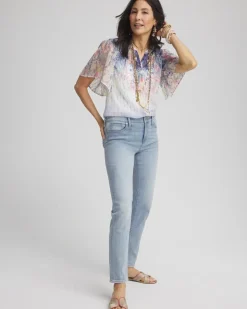 Jacquard Flutter-Sleeve Blouse