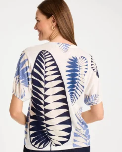 Leaf Print Linen Ruched V-Neck Tee