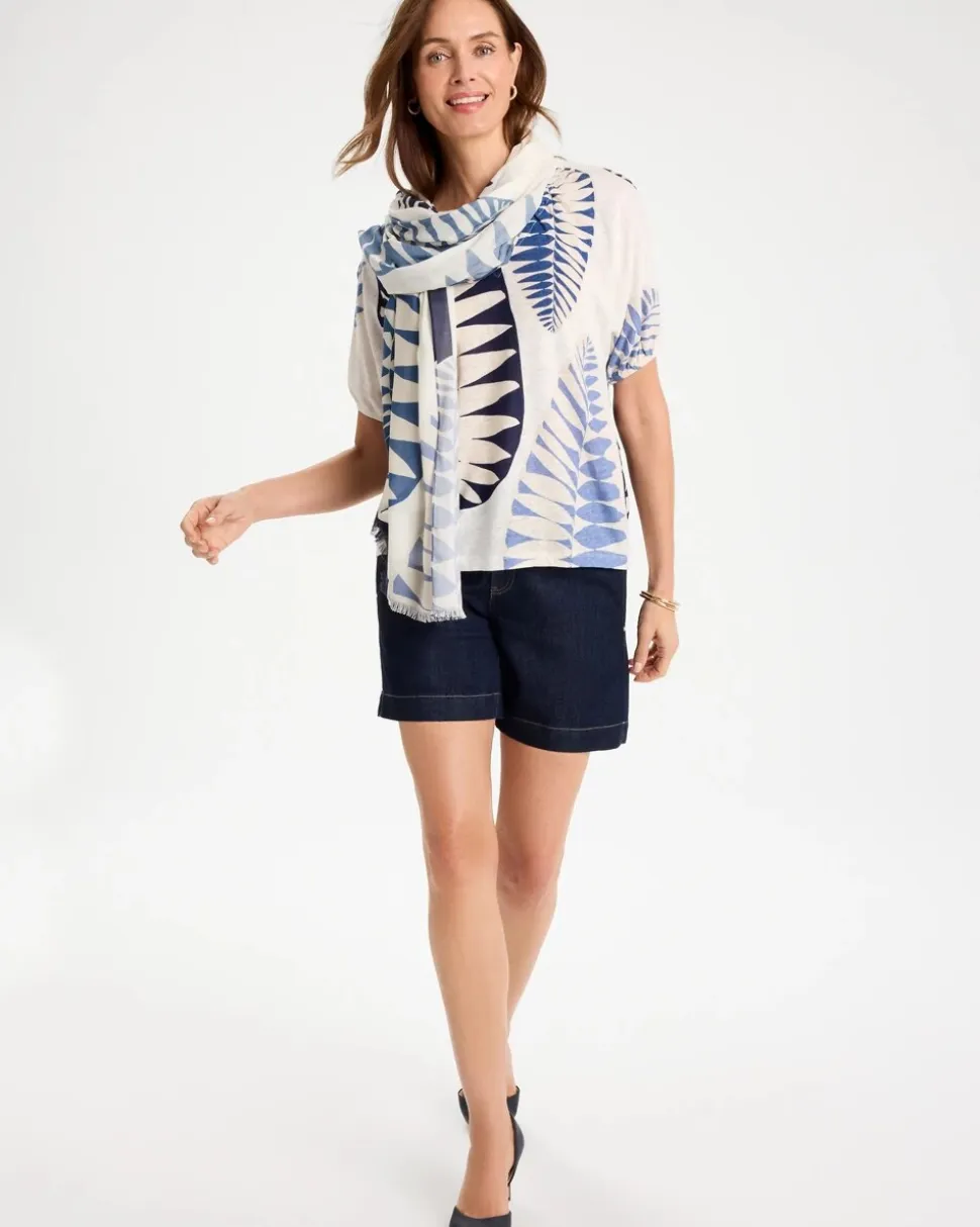 Leaf Print Linen Ruched V-Neck Tee