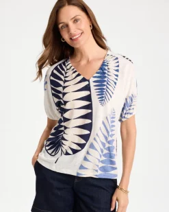 Leaf Print Linen Ruched V-Neck Tee