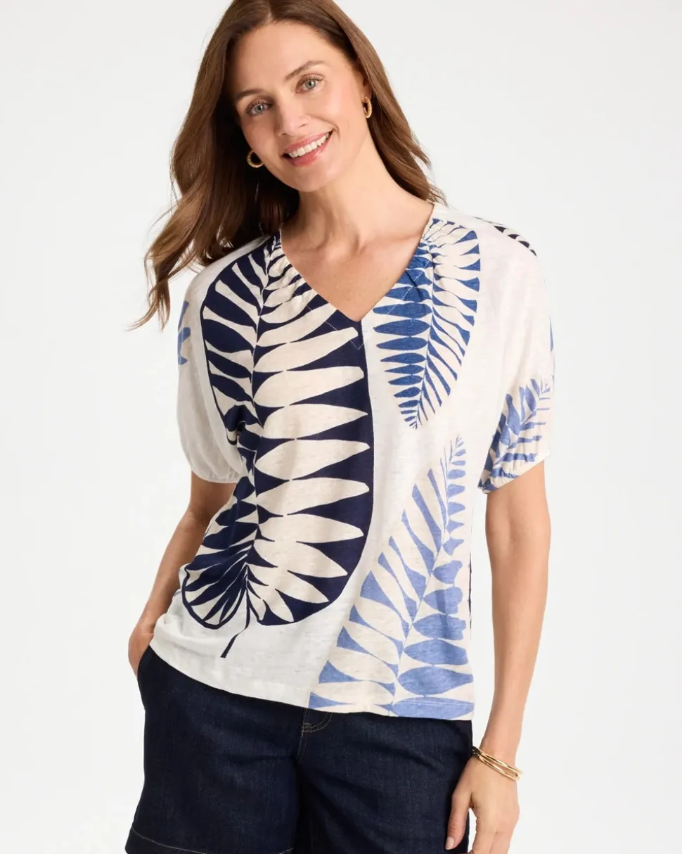 Leaf Print Linen Ruched V-Neck Tee