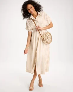 Linen-Blend Metallic Striped Dress