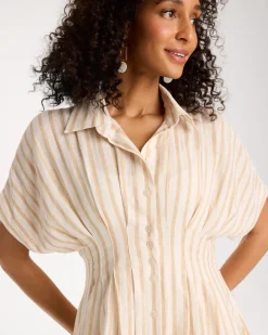 Linen-Blend Metallic Striped Dress