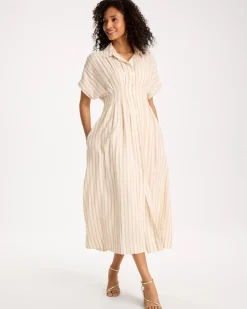 Linen-Blend Metallic Striped Dress